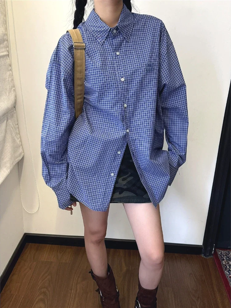 Shirt Camp Collar - Chemises à carreaux bleues Vintage pour