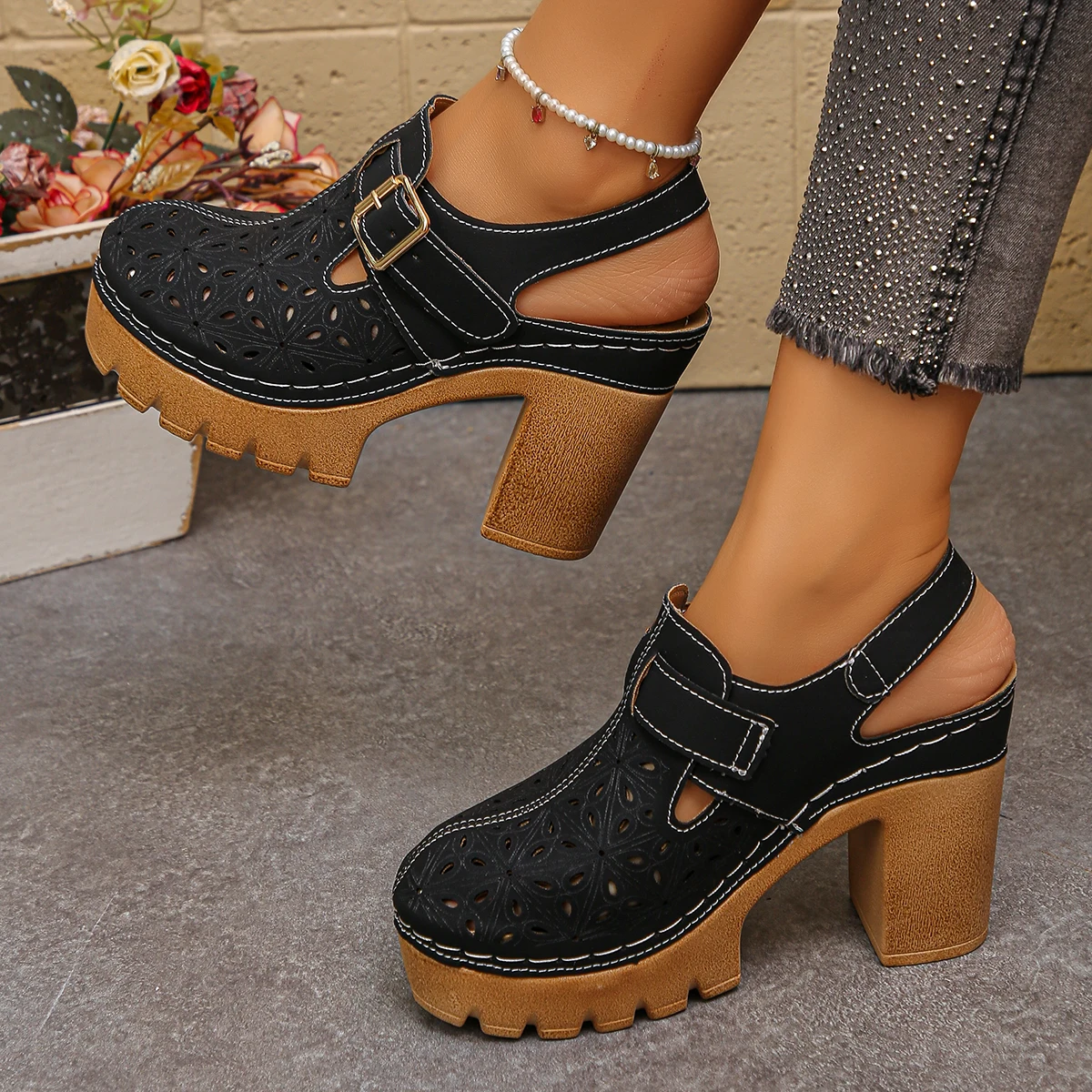 Casual Sandal Leather - Sandales à talons épais pour femmes,